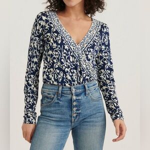 Lucky Brand Blue and White Paisley Long Sleeve Top